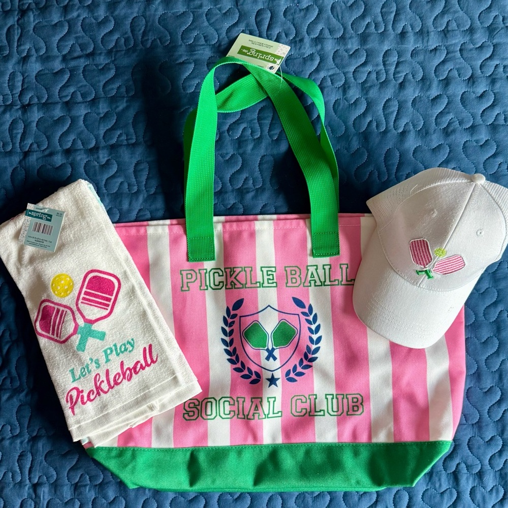 NWT Pickleball Social Club Tote Bag Set - Pink and Green